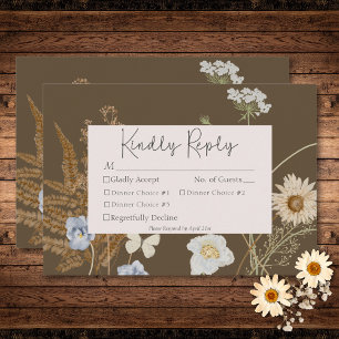 Wildblumen auf Braun Hochzeit drei Abendessen RSVP Karte