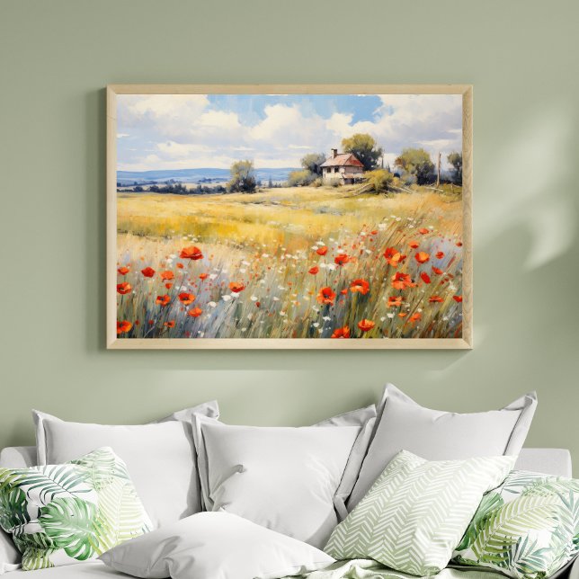 Wildblumen auf dem Landfeld Rustikaler Bauernhof Poster (Orange White Wildflowers Country Rustic Landscape Farmhouse Wall Art Watercolor Print)