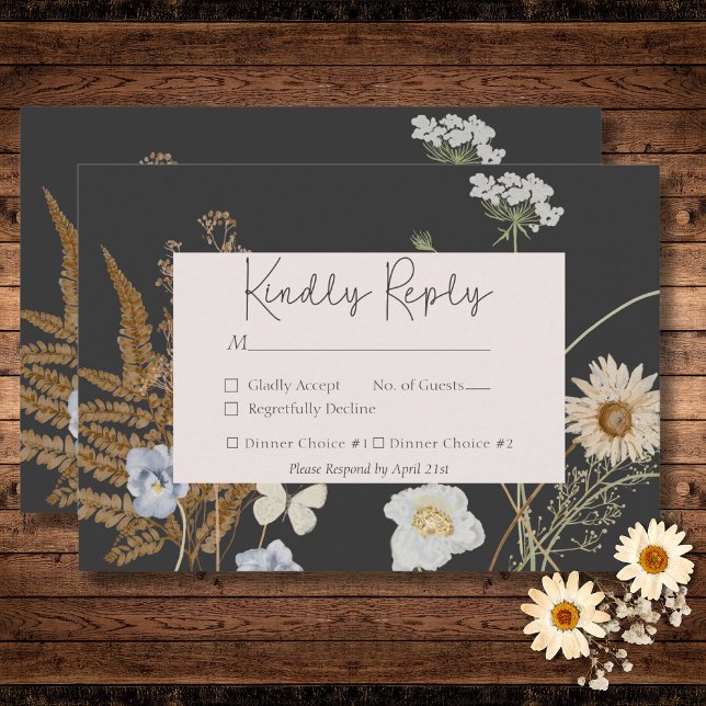 Wildblumen auf Holzkohle Hochzeit zwei Abendessen RSVP Karte (Wildflowers on Charcoal Wedding QR Code RSVP Card)