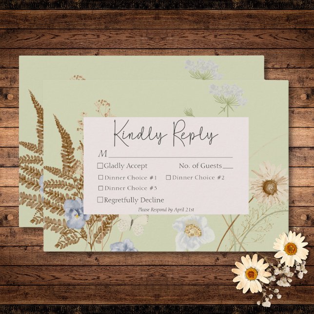 Wildblumen auf Light Sage Hochzeit drei Abendessen RSVP Karte (Wildflowers on Light Sage Wedding Three Dinner RSVP Card)