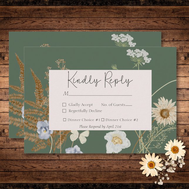 Wildblumen auf Sage Hochzeit zwei Abendessen RSVP Karte (Wildflowers on Sage Wedding RSVP Card)