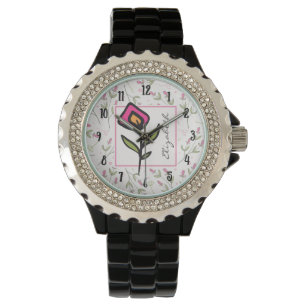 Wildblumen aus rosa und grünem, langem Stechen Per Armbanduhr