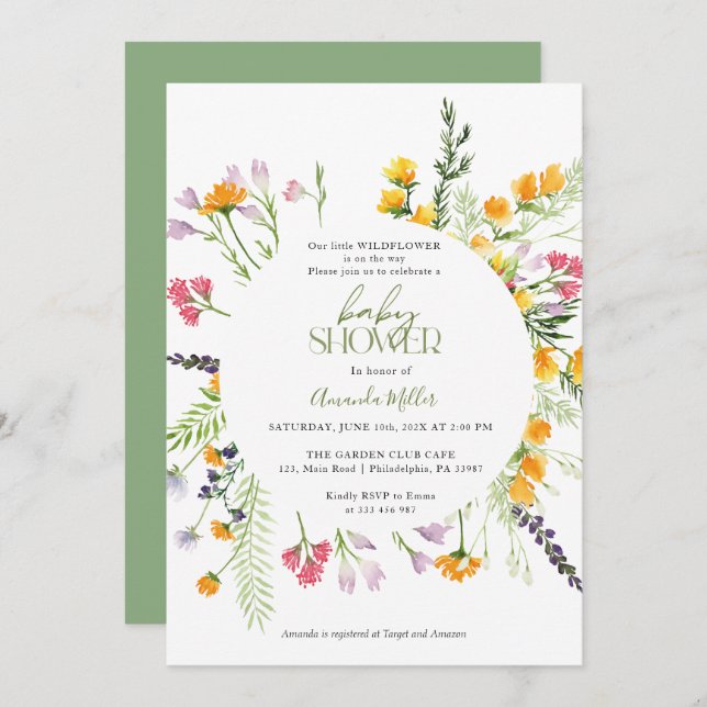 Wildblumen Baby Dusche Blumen Elegante Einladung (Vorne/Hinten)
