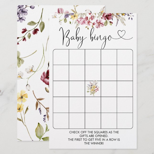 Wildblumen Baby in Bloom Baby Dusche Bingo Spiel (Vorne/Hinten)