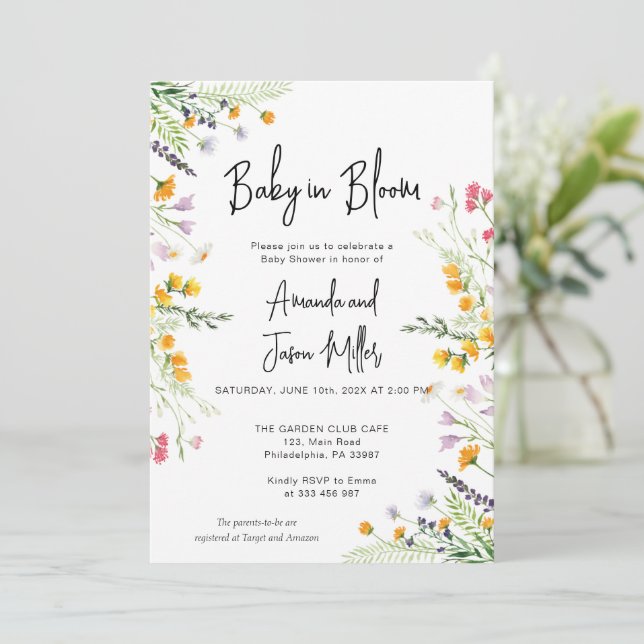 Wildblumen Baby in Bloom Baby Dusche Save The Date (Stehend Vorderseite)