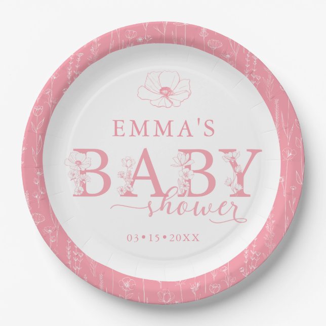 Wildblumen-Baby-Party | Rosa Blumenmuster Pappteller (Vorderseite)