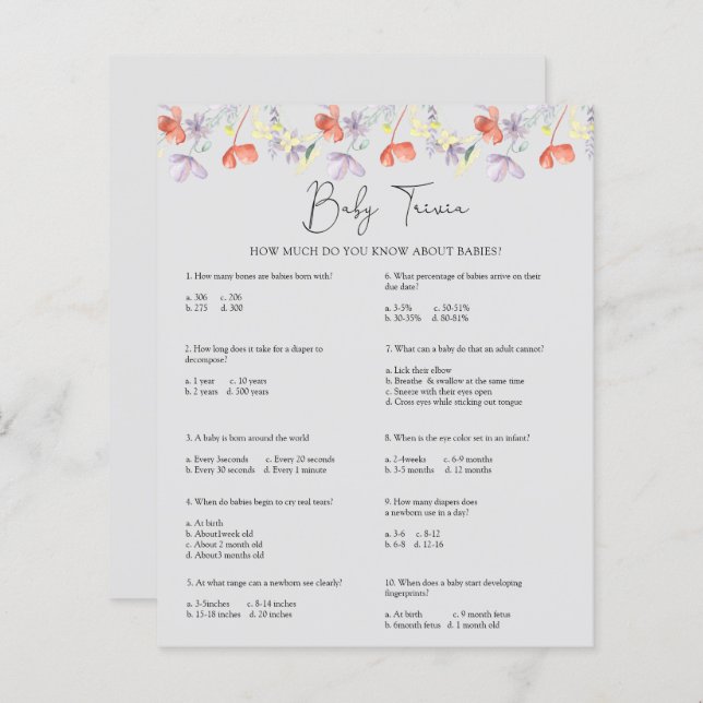 Wildblumen Baby Trivia | Baby Showspiel (Vorne/Hinten)