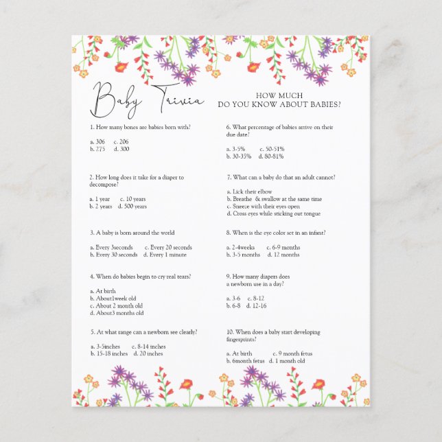 Wildblumen Baby Trivia | Baby Showspiel (Vorderseite)