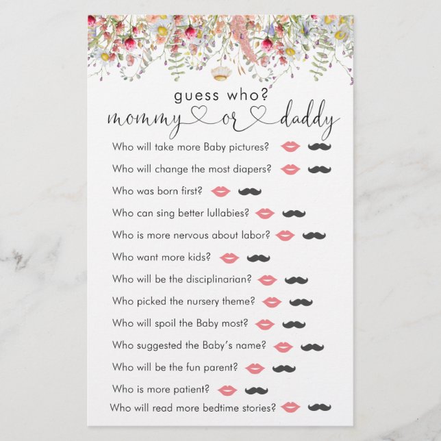 Wildblumen Babydusche "raten Sie, wer" Spiel (Vorderseite)