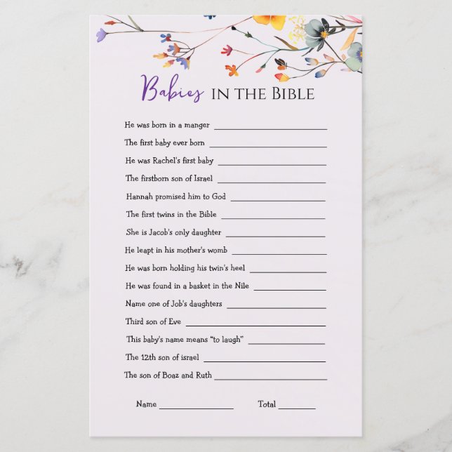 Wildblumen Babys im Bible Baby Shower Game (Vorderseite)