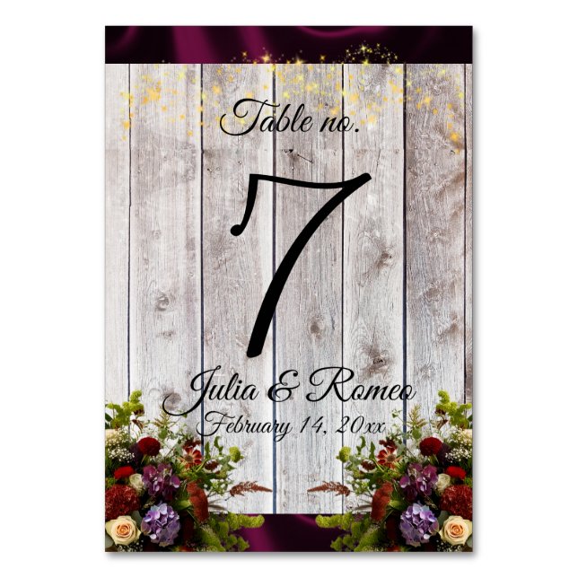 Wildblumen, Bänder und Lichter - Lila Tischnummer (Vorderseite)