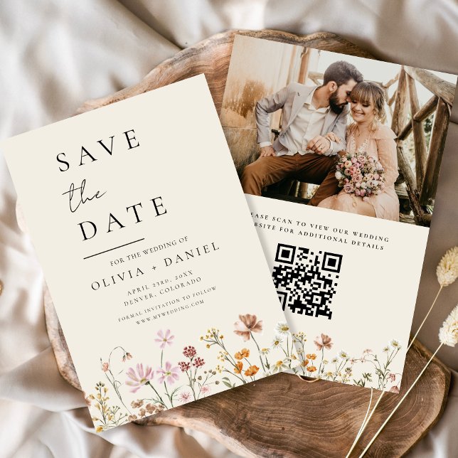 Wildblumen Beige Foto QR-Code Save the Date (Von Creator hochgeladen)