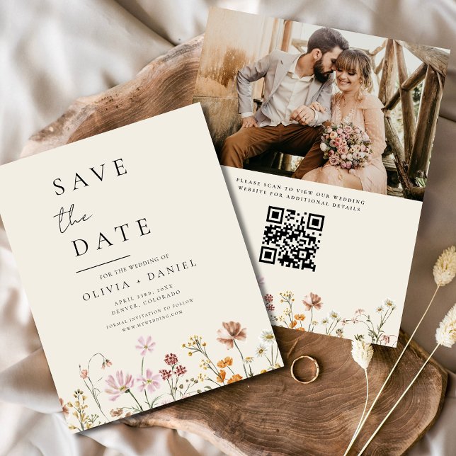 Wildblumen Beige Foto QR-Code Save the Date Flyer (Von Creator hochgeladen)