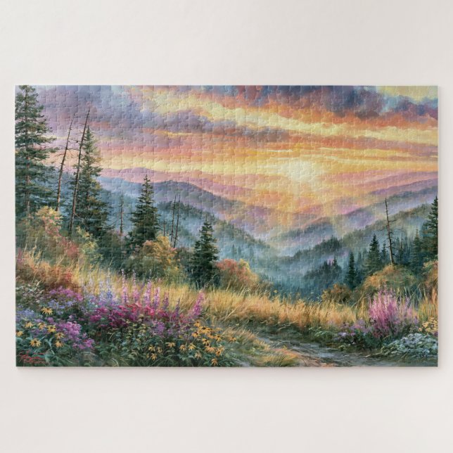Wildblumen-Berg-Sonnenaufgang-Gemälde Puzzle (Horizontal)