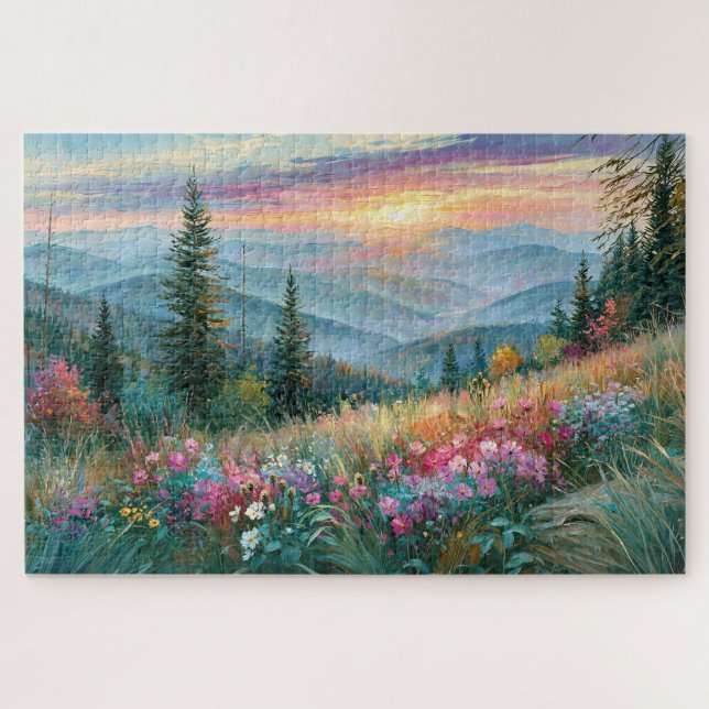 Wildblumen-Berg-Sonnenuntergang-Gemälde Puzzle (Horizontal)