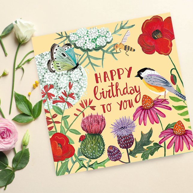 Wildblumen Bird Geburtstagskarte (Happy Birthday Wildflower Garden Illustration Card)
