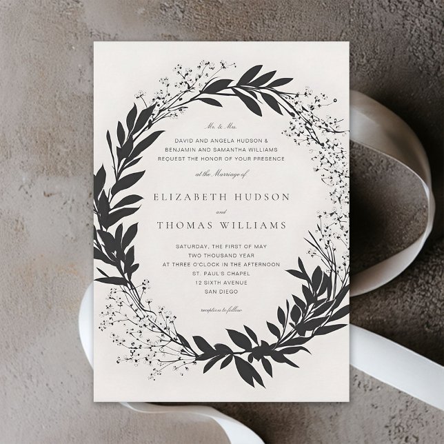 Wildblumen Black Ivory Moderne feierliche Hochzeit Einladung (wildflowers wedding invitation black and white floral wreath formal elegant modern typography)