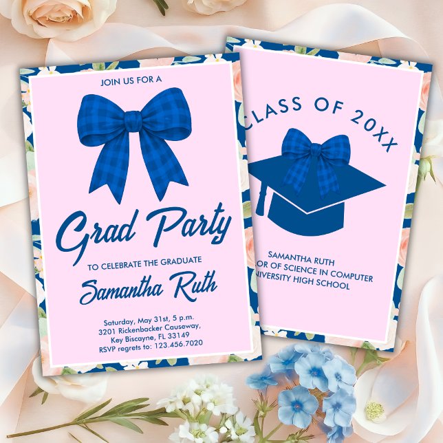 Wildblumen Blaue Gingham-Schleife Abschlussfeier Einladung (Von Creator hochgeladen)