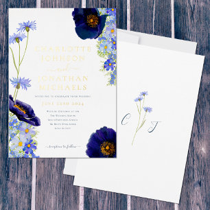Wildblumen Blaue und Goldene Rustikale Hochzeit Folieneinladung