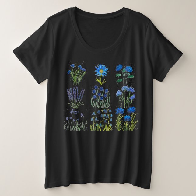 Wildblumen Blauer Wasserfarben Sommernatur Große Größe T-Shirt (Design vorne)