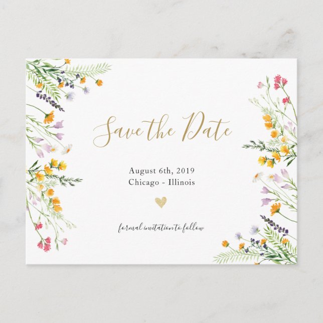 Wildblumen blühen Save the Date Postkarte (Vorderseite)