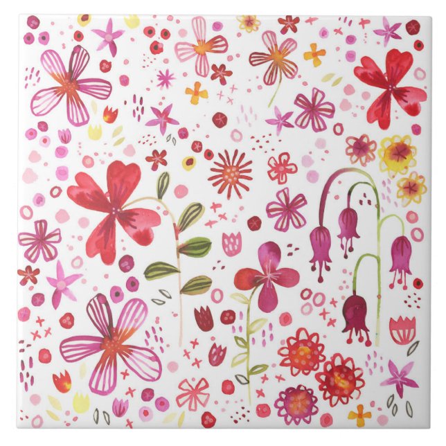 Wildblumen Blumen Aquarell Garten Fliese (Vorderseite)
