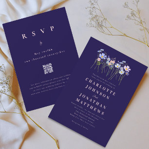 Wildblumen Blumen Navy Blau Rosa Hochzeit QR Code Einladung