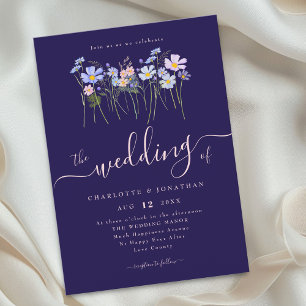 Wildblumen Blumen Navy Blau Rosafarben Hochzeit Einladung