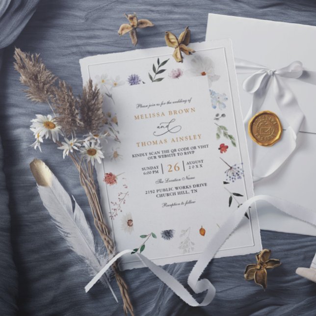 Wildblumen-Blumenrahmen Eleganter QR-Code Hochzeit Einladung (Von Creator hochgeladen)