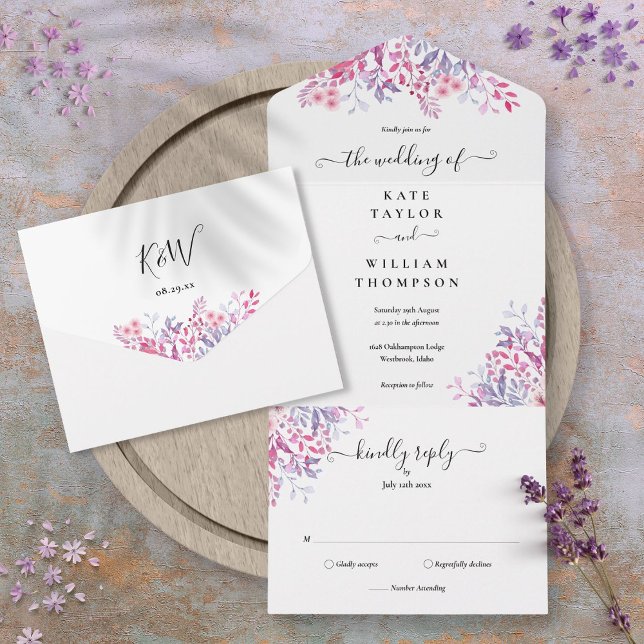 Wildblumen Blumenschrift Monogram Hochzeit All In One Einladung (Wildflowers Floral Script Monogram Wedding All In One Invitation)