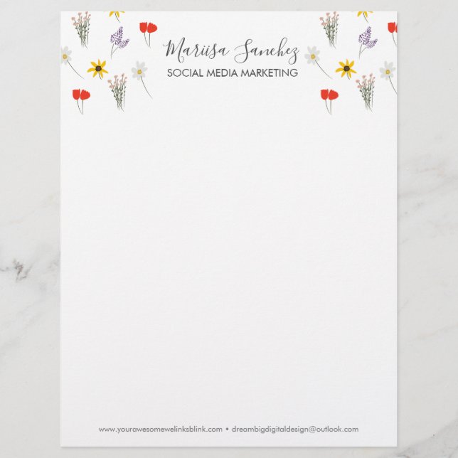 Wildblumen Blumenschrift Name Moderner Letterhead Briefbogen (Vorderseite)