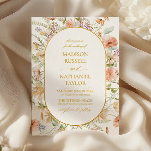 Wildblumen-Blumenwiese-Goldrahmen-Hochzeit Einladung