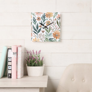 Wildblumen-Boho-Aquarell-Blumen-Pastell-Dekor Quadratische Wanduhr