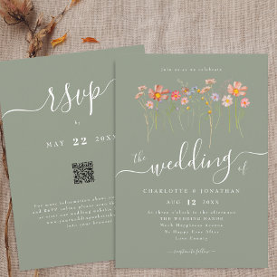 Wildblumen Boho Herbst Salbei Grün QR-Code Hochzei Einladung