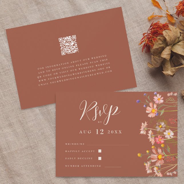 Wildblumen Boho Herbst Terrakotta Hochzeit Qr Code RSVP Karte (Wildflower boho fall floral terracotta rust beige Wedding reception dinner options qr code RSVP card)