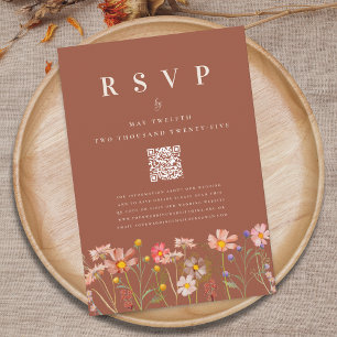 Wildblumen Boho Herbst Terrakotta QR-Code Hochzeit RSVP Karte