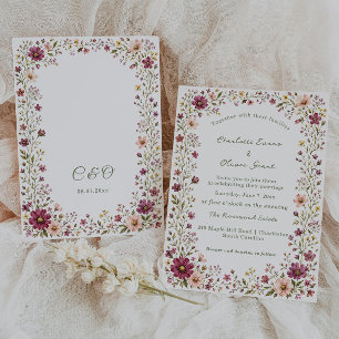 Wildblumen Boho Rosé Rotwein-Hochzeit Einladung
