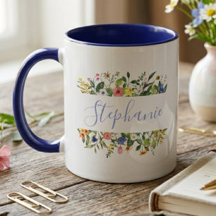 Wildblumen-Botanik Blaue Wasserfarbe Tasse