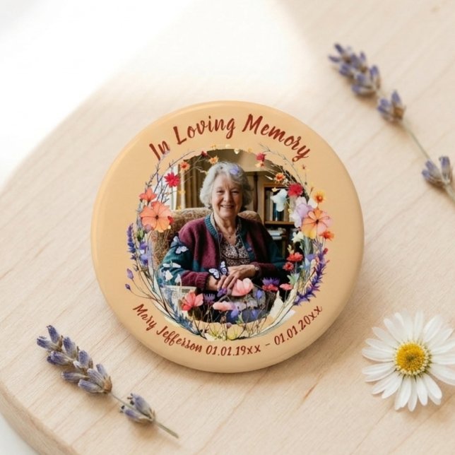 Wildblumen-Botanik-Gedenk-Erinnerungsfoto Button (Colorful wildflower memorial photo pin for a grieving family to wear at a spring celebration of life)