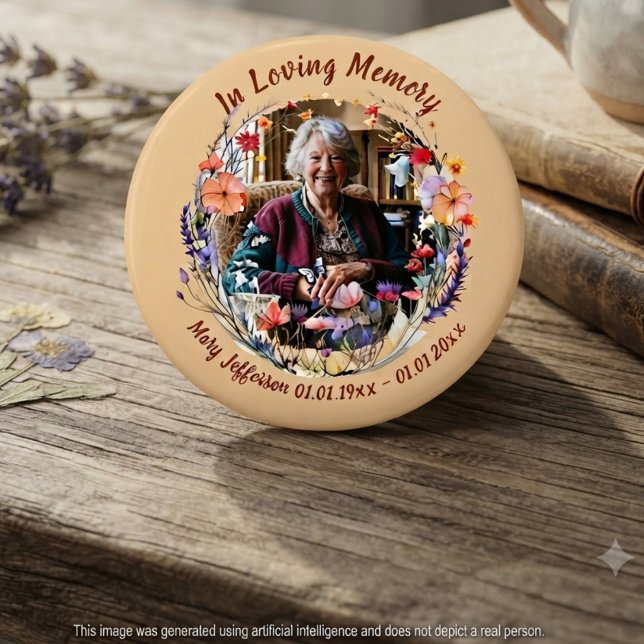 Wildblumen-Botanik-Gedenk-Erinnerungsfoto Button (Colorful wildflower memorial photo pin for a grieving family to wear at a spring celebration of life)