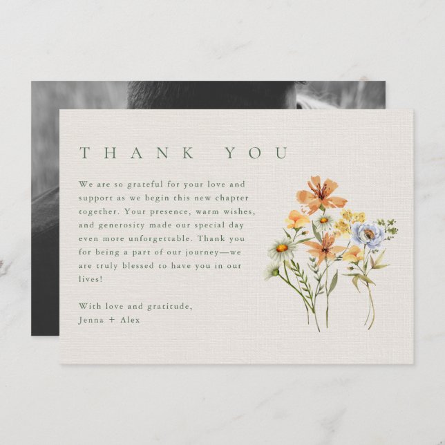 Wildblumen Botanischer Garten Hochzeit Foto Dankeskarte (Vorne/Hinten)