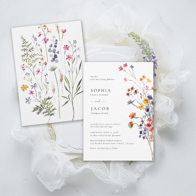 Wildblumen Bouquet Happy farbenfrohe moderne Hochz Einladung (wildflower wedding theme colorful frame invitation garden outdoors meadow forest spring summer fall)
