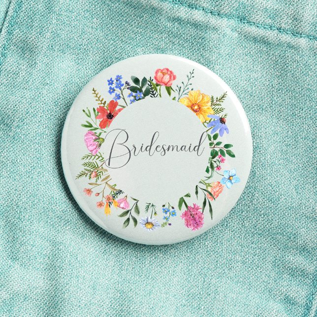Wildblumen-Brautjungfer-Skript-Hochzeit  Button (Bridesmaid  Wildflower Watercolor Floral Wreath Wedding Button
)