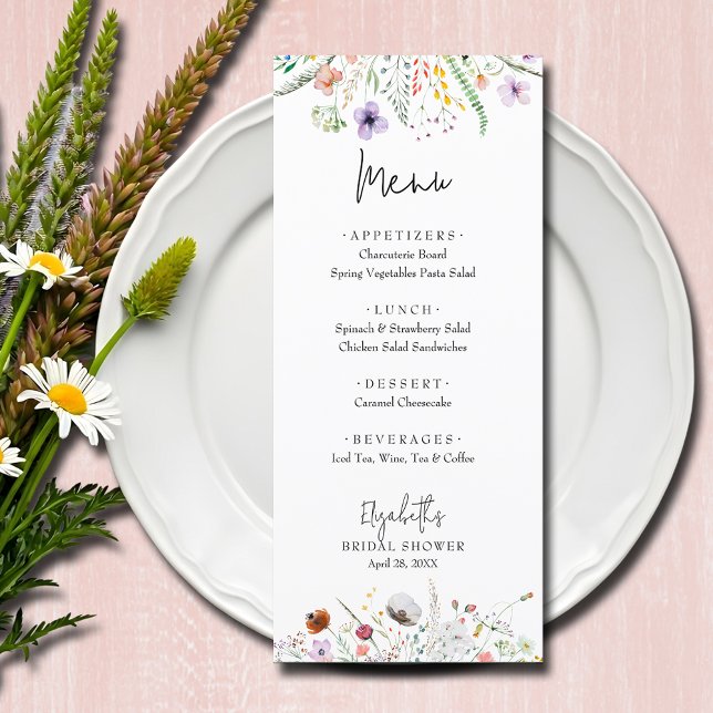 Wildblumen Brautparty Menükarte (Wildflowers bridal shower menu cards)