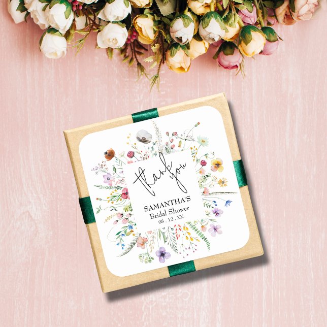 Wildblumen Brautparty Quadratischer Aufkleber (Wildflowers bridal shower 3" square stickers (1-1/2" available, too))