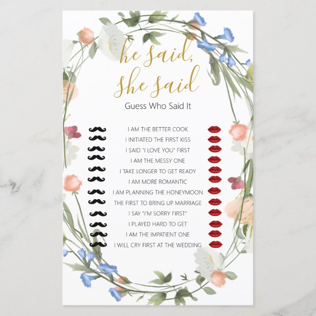 Wildblumen Brautparty sagte er, sie sagte Game (Vorderseite)