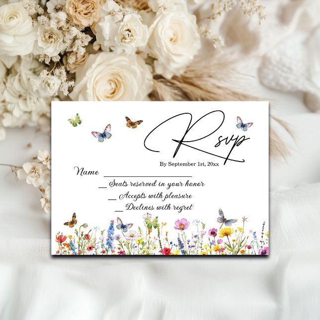 Wildblumen Butterflies Elegante Wedding RSVP Card (Von Creator hochgeladen)