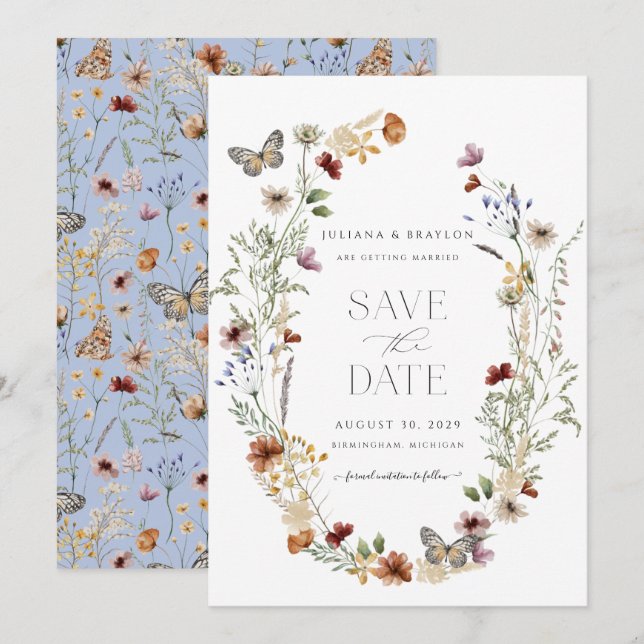 Wildblumen Butterfly Elegantes Flora Save The Date (Vorne/Hinten)