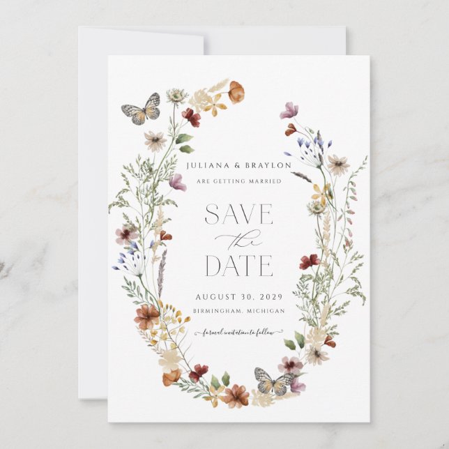 Wildblumen Butterfly Floral Save the Date (Vorderseite)