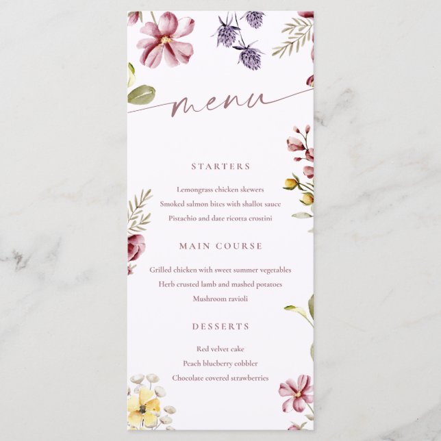 Wildblumen Calligraphy Floral Menu Card Menükarte (Vorderseite)